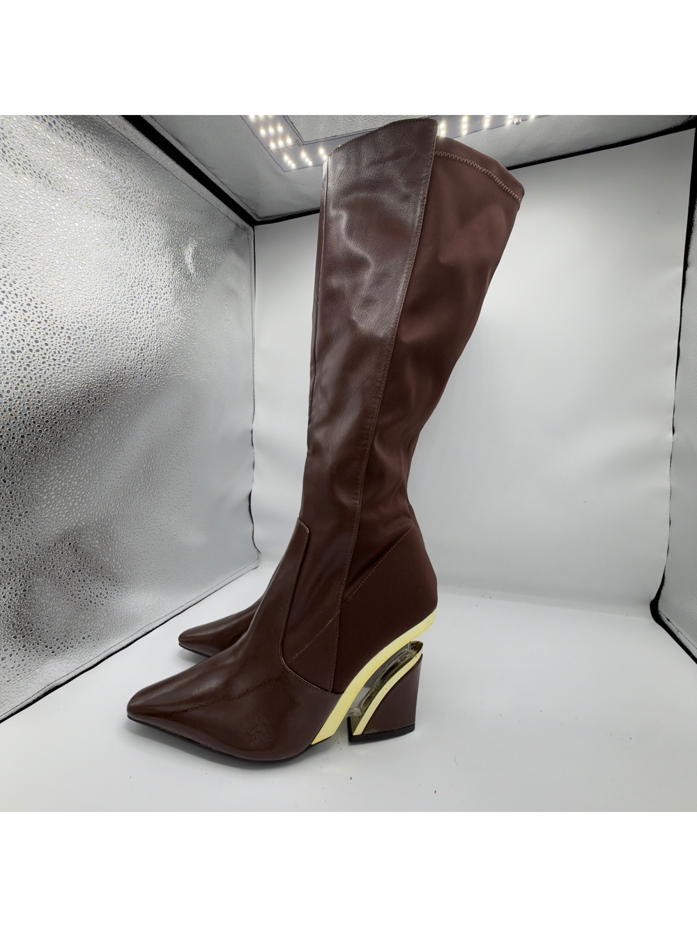 Ninety Union Brown Pointed Toe Knee High Boots Sculptural Clear Block Heel